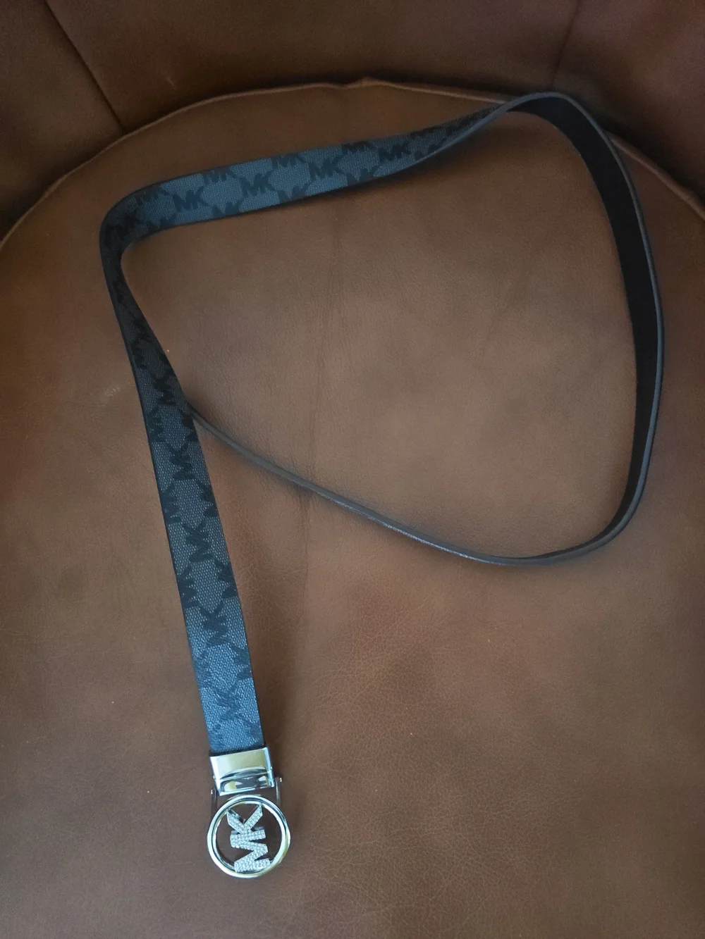 Michael Kors Black MK Monogram Strap Belt with Silver Round Logo Buckle